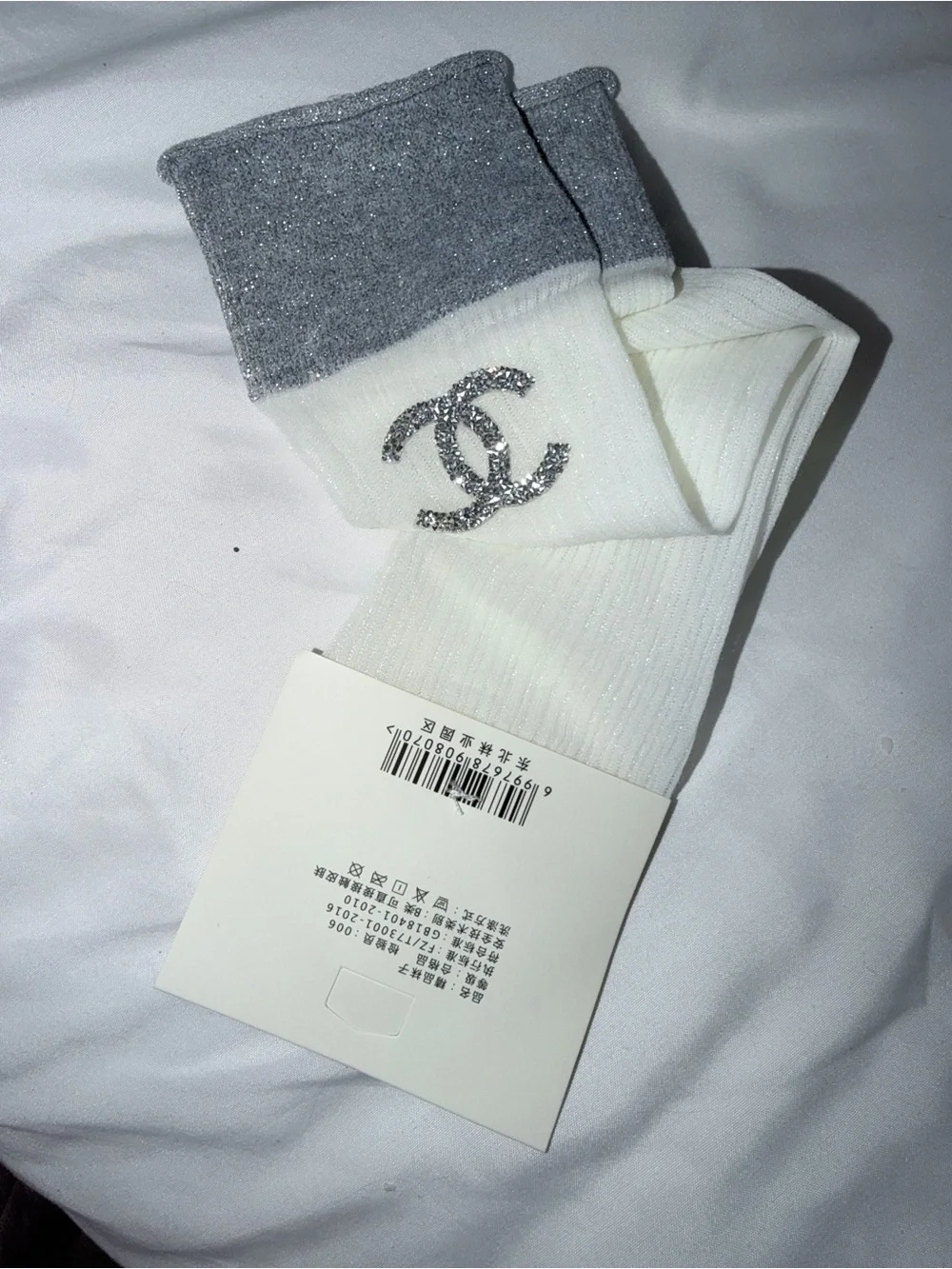 White & Silver Logo Crew Socks - Designer Style